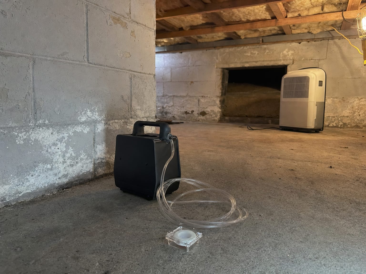 Air sampling pump attached to a metal tripod stand positioned in the center of a finished basement room with drywall walls and drop ceiling tiles