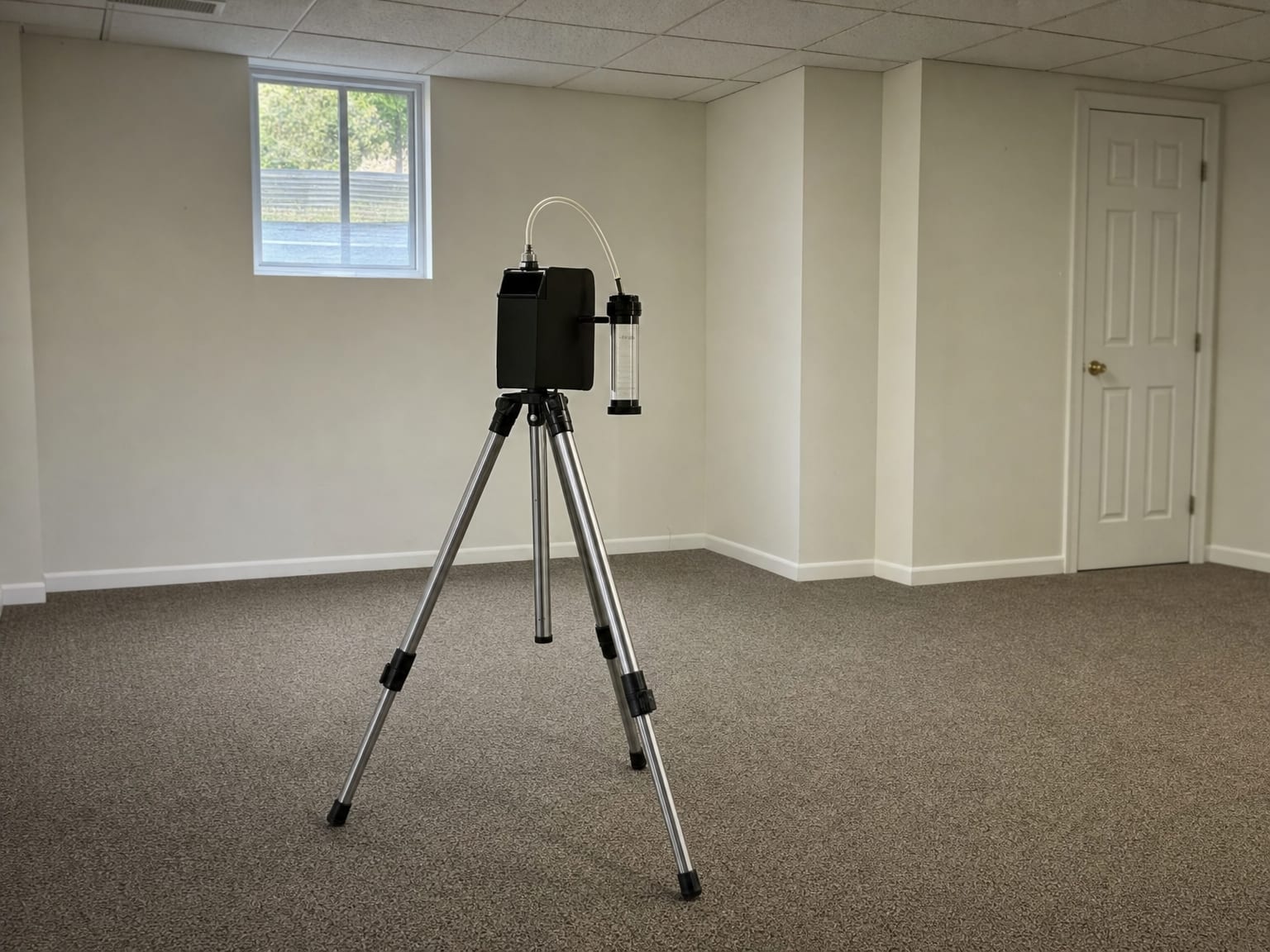 Tripod-mounted air sampling pump positioned near a fireplace in a traditional New Jersey colonial living room with hardwood floors and white painted trim