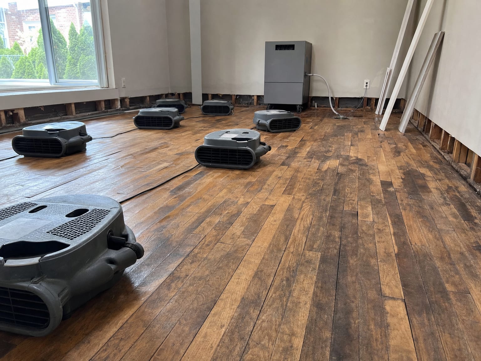 Clean dry restored basement interior after water damage remediation with fresh drywall and new flooring showing completed work