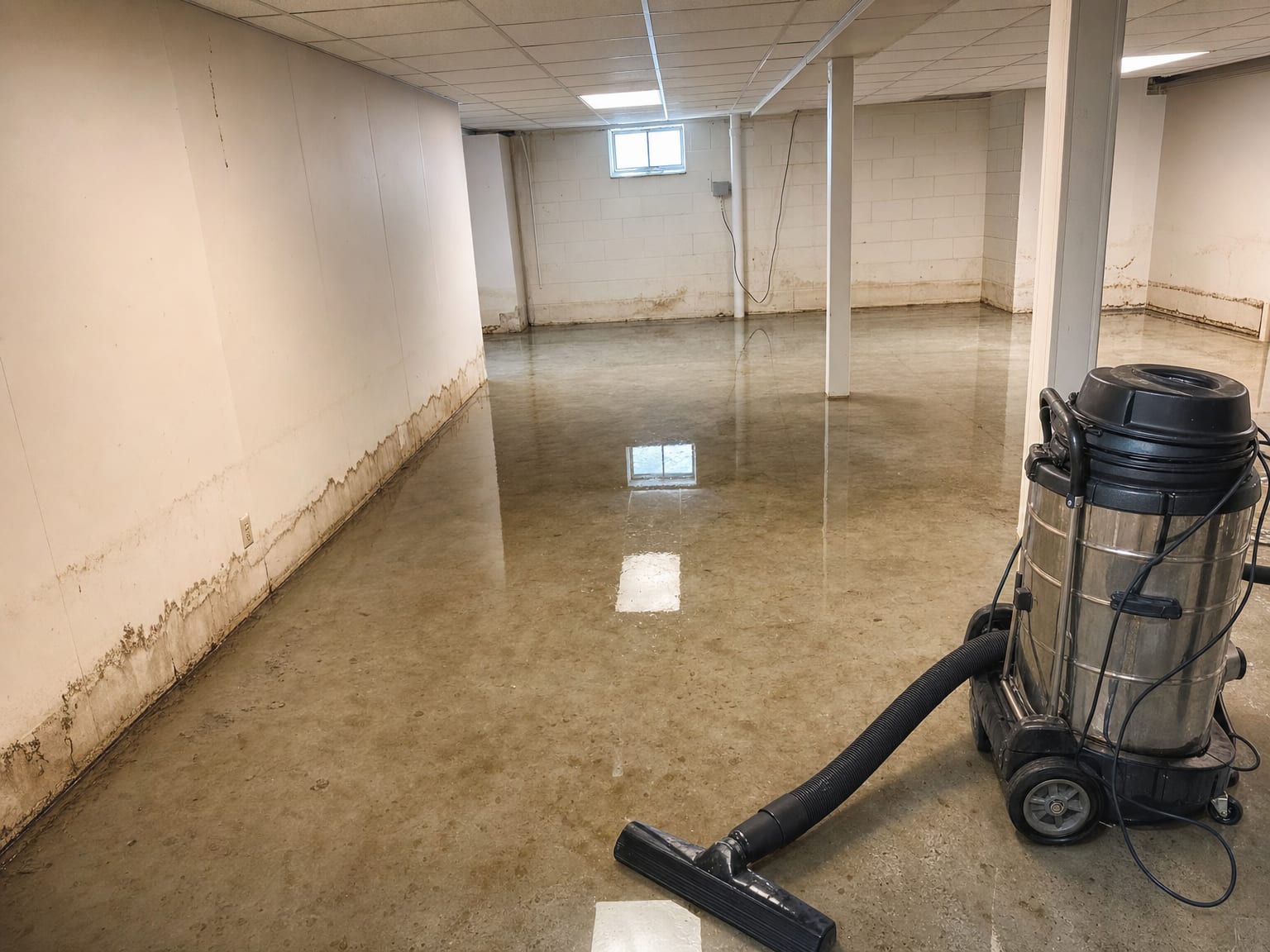 Row of industrial air movers and a large commercial dehumidifier running across water-damaged hardwood flooring in a living room