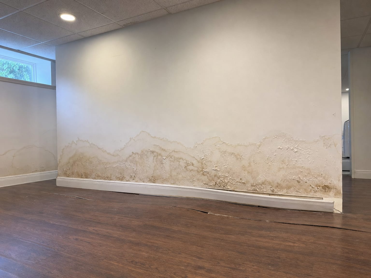 Thermal imaging camera aimed at a bathroom wall revealing a hidden cold moisture signature behind drywall