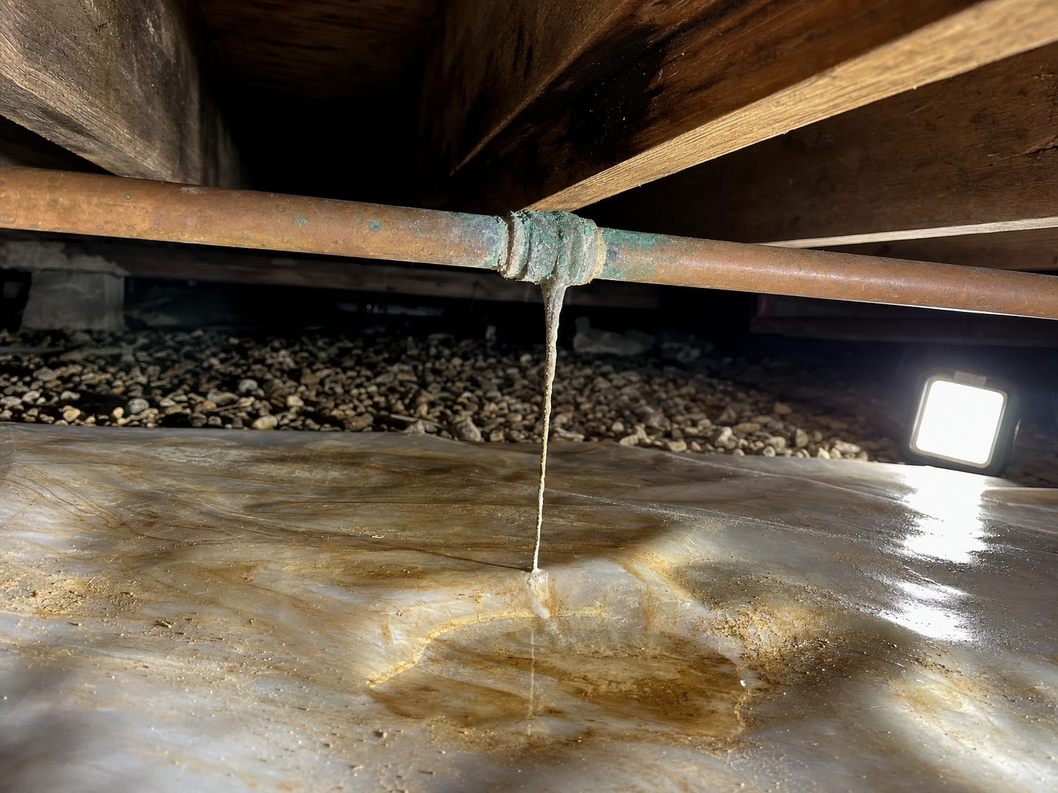 Visible water drip stain on a corroded copper pipe inside a dim crawl space with moisture on the vapor barrier below