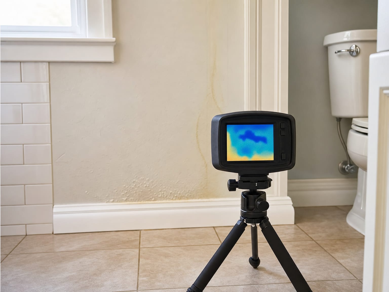 Moisture meter pressed against a damp basement wall showing elevated readings near a visible water stain