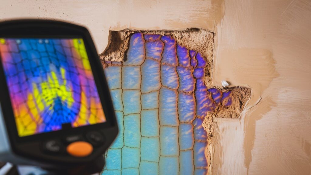 Infrared thermal imaging revealing hidden moisture patterns behind seemingly undamaged drywall