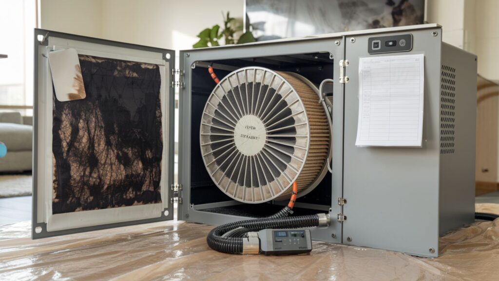 Professional air filtration unit with multi-stage filters exposed during maintenance