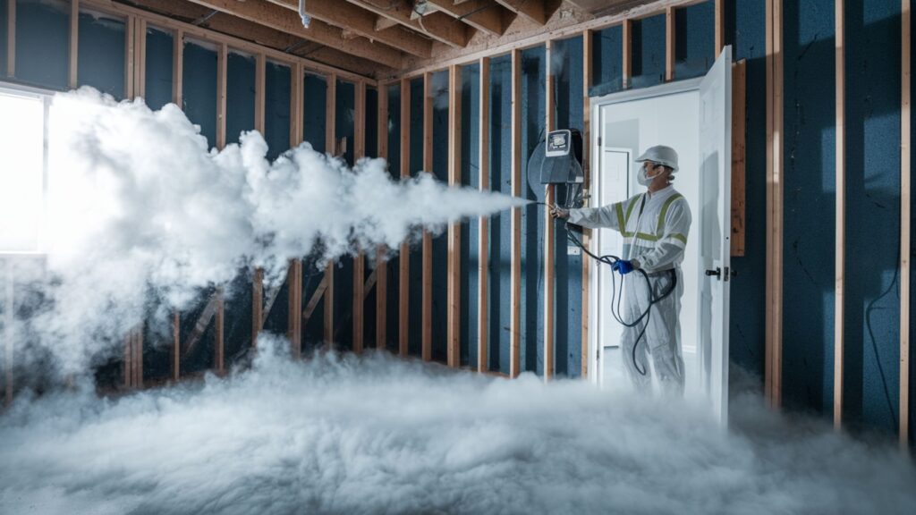 Technical view of ULV fogging equipment applying antimicrobial solution after mold removal