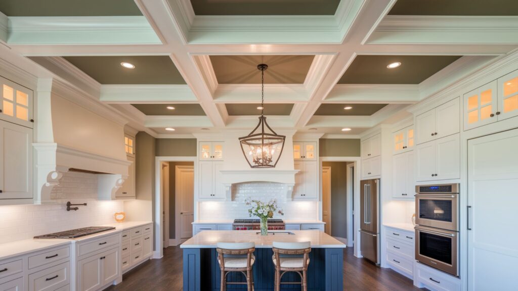 Flat kitchen ceiling transformed with architectural coffered design and improved lighting.