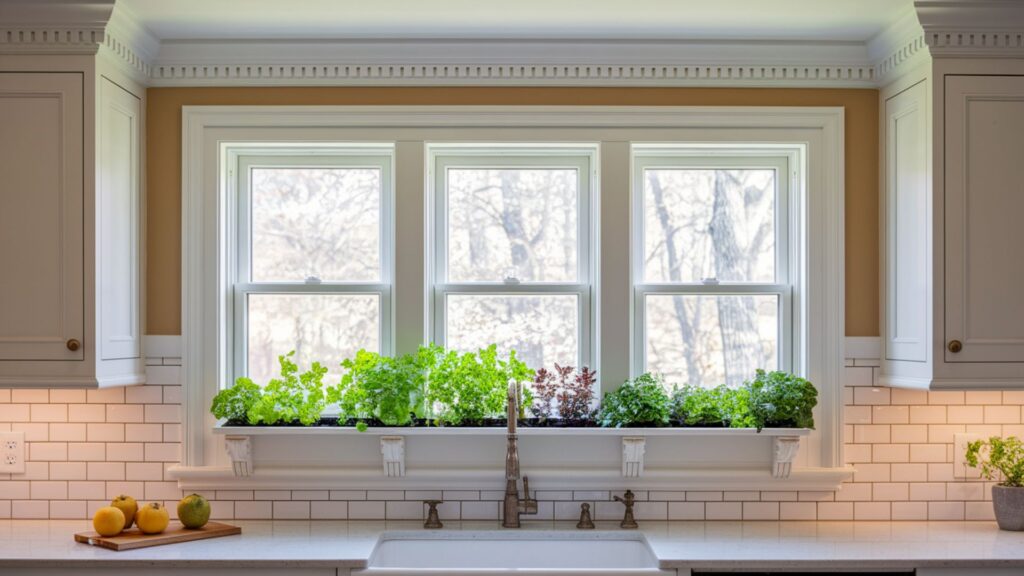 Basic kitchen window transformed with custom millwork, garden ledge, and architectural details.