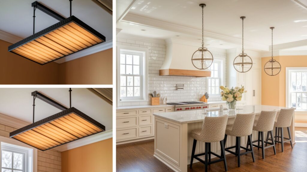 Outdated kitchen fluorescent box light replaced with recessed lighting and designer pendants.