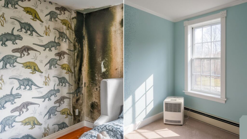 Child's bedroom wall showing mold removal behind wallpaper and complete restoration