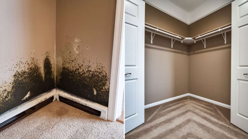 Bedroom closet corner showing full mold removal and structural drywall repair 