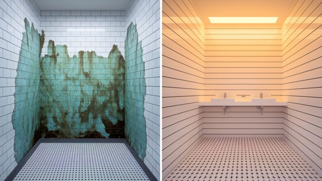 Side-by-side images showing bathroom wall mold before remediation and after restoration.