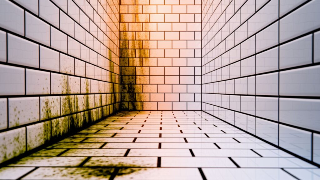 Commercial bathroom wall tiles with black mold infestation in grout lines compared to completely sanitized tile surface.
