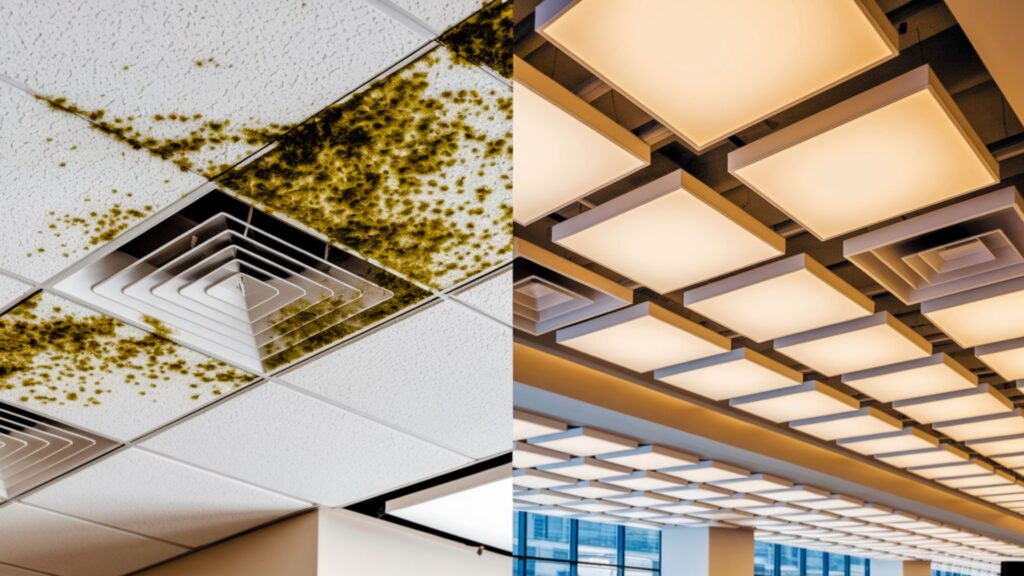 Office drop ceiling with Cladosporium mold contamination before treatment and new clean tiles after complete replacement.