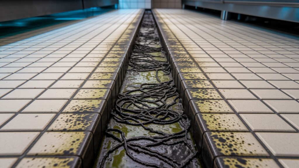 Restaurant kitchen floor showing severe mold growth along tile expansion joints.