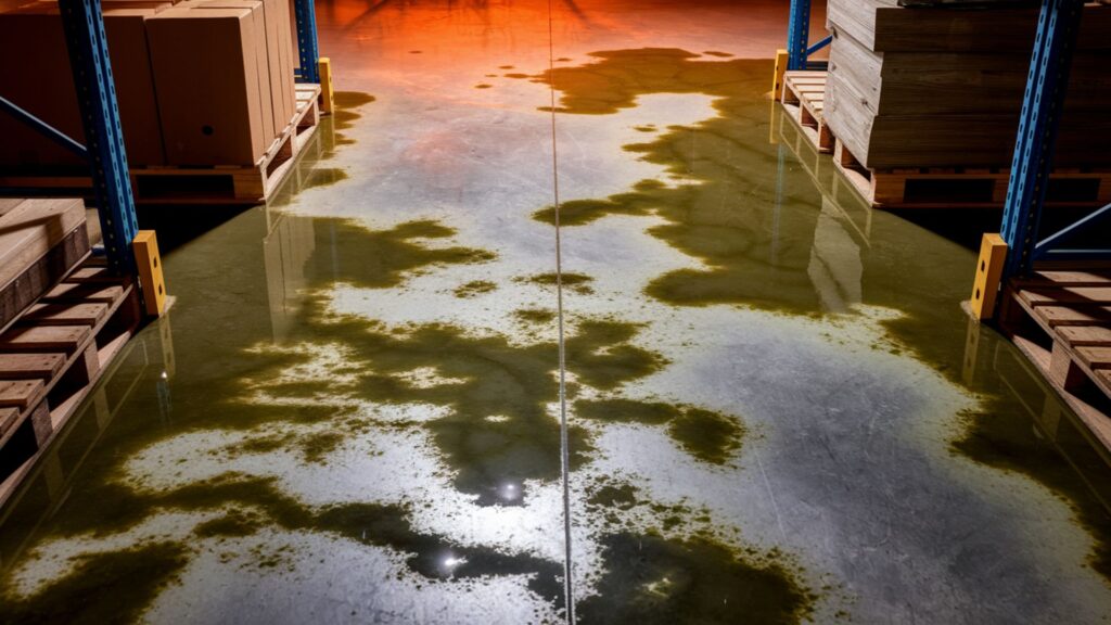 Warehouse storage area concrete floor with extensive water damage and Aspergillus mold growth from repeated flooding.