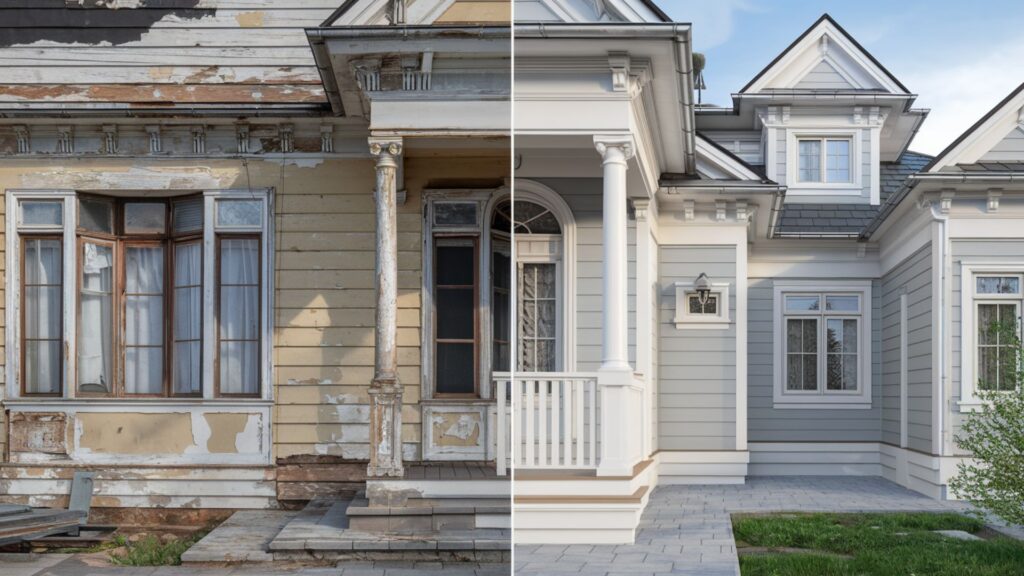 Before and after of exterior home painting showing dramatic transformation