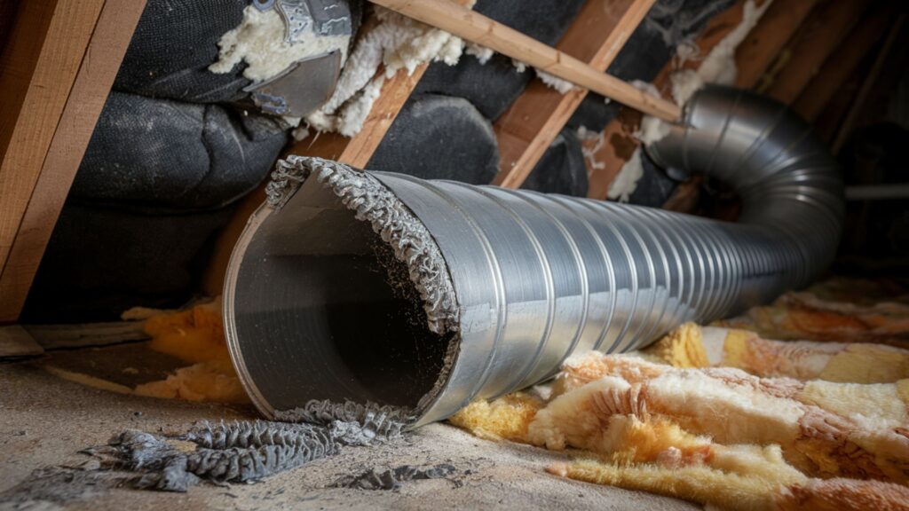 Severely obstructed dryer vent duct in attic space showing years of dangerous lint accumulation.