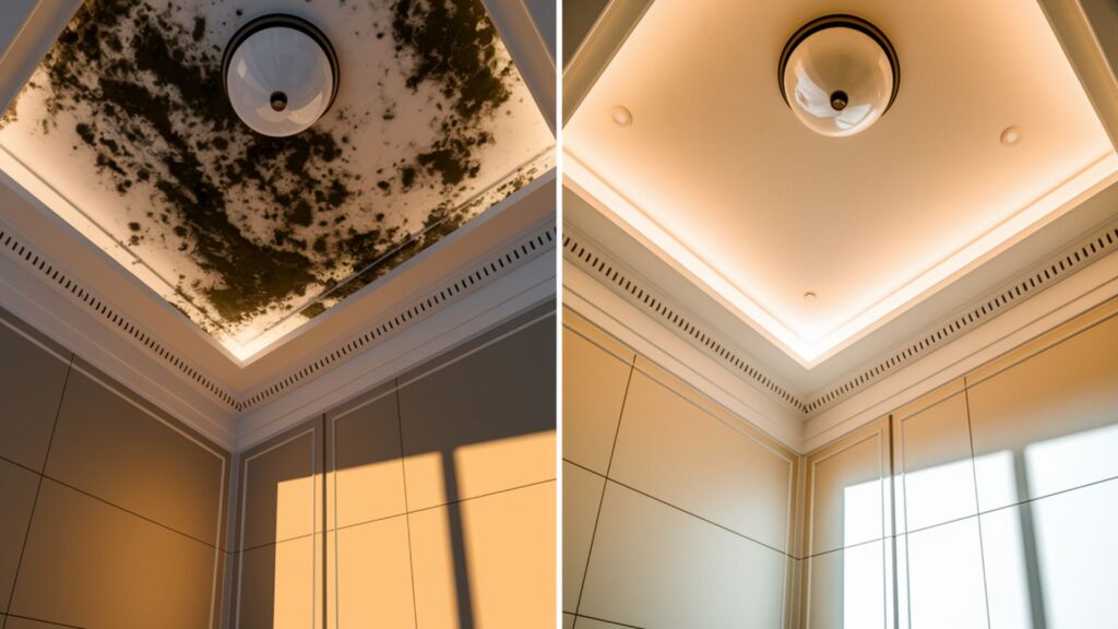 Side-by-side images comparing mold-infested corner with fully restored conference room area.