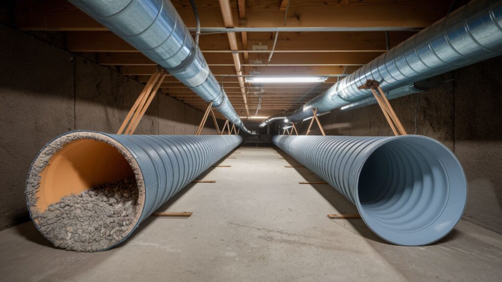 Lint-filled horizontal dryer duct section in crawlspace alongside pristine clean duct after service.