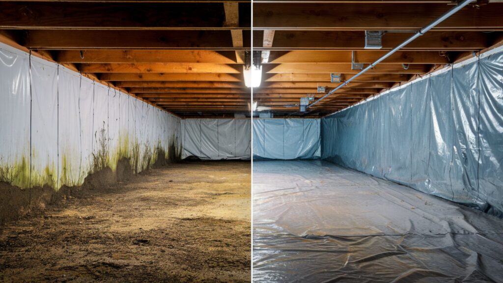 Side-by-side comparison showing mold prevention through proper crawlspace vapor barrier installation. 