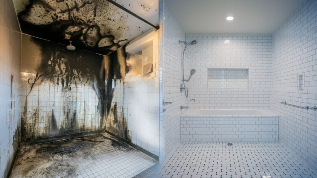 Side-by-side comparison of severe mold damage and complete restoration