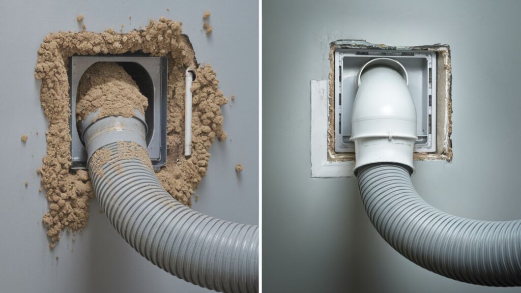 Congested flexible dryer hose connection to wall compared with properly cleaned and secured connection.