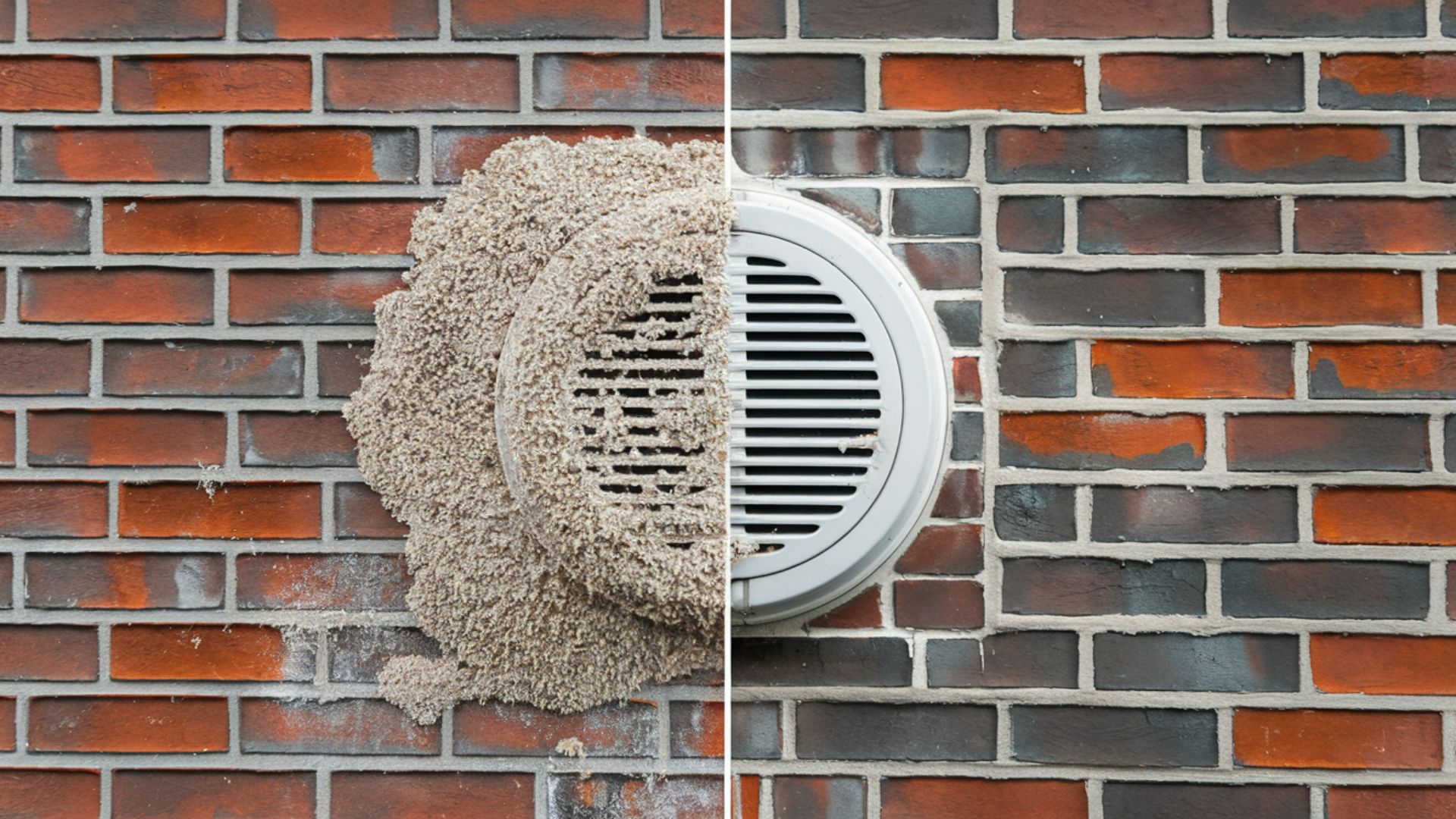 Exterior brick wall vent covered in lint discharge compared with clean vent and wall after professional service.