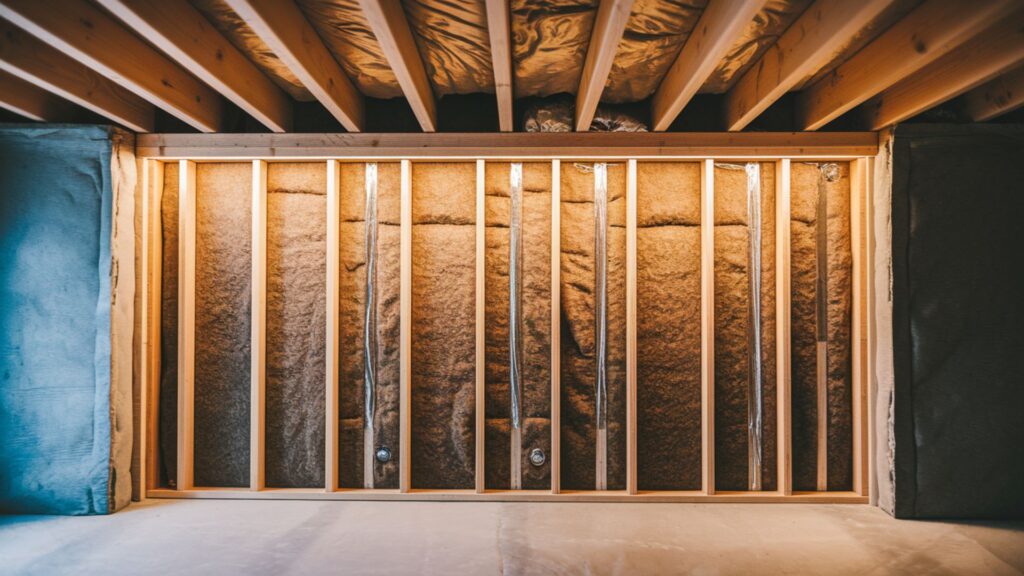 Extreme close-up of proper basement wall insulation system showing moisture barrier and framing gap.