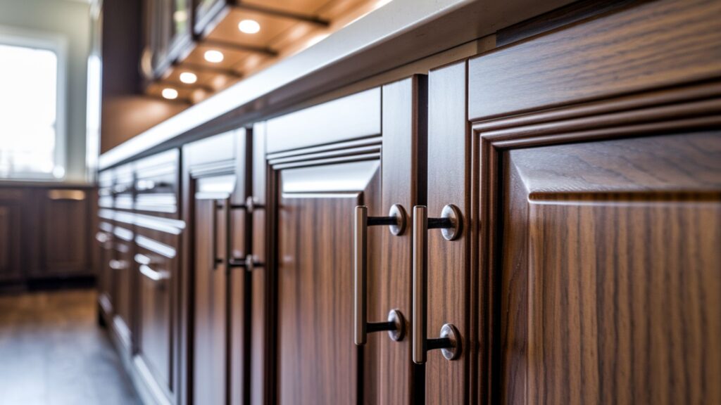 Extreme close-up of precision cabinet door installation showing perfect alignment and hardware mounting.