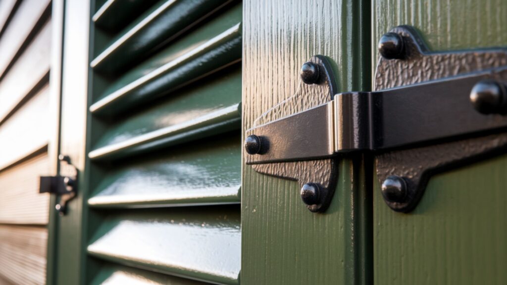 Extreme close-up of precision painting around functional exterior shutter hardware.