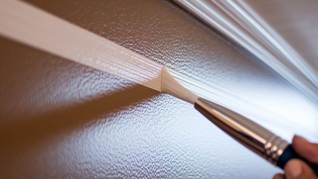 Extreme close-up of professional cutting-in technique showing razor-sharp paint line between wall and ceiling.