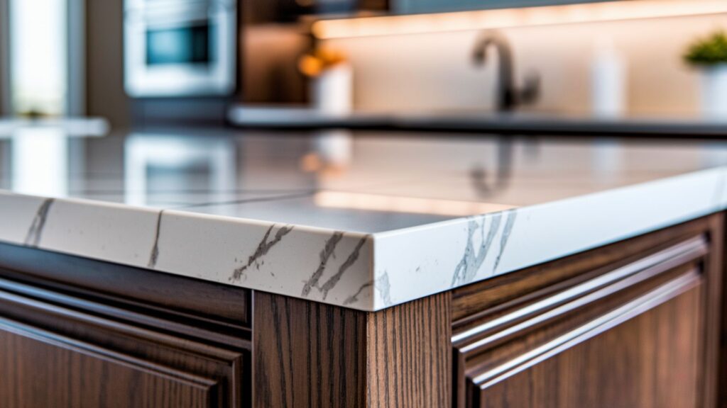 Extreme close-up of premium quartz countertop edge showing precise fabrication and installation technique.