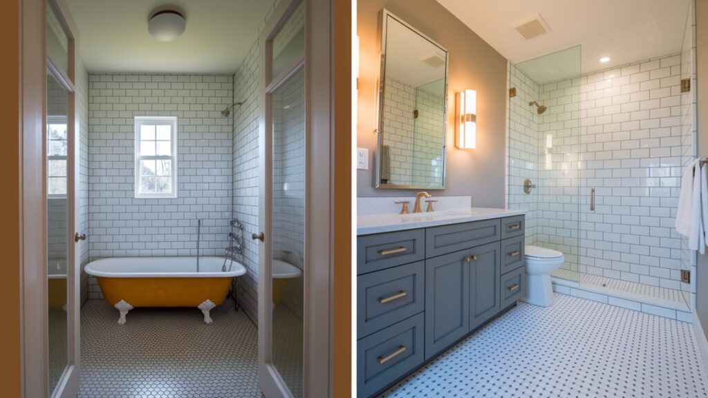 Cramped guest bathroom renovated with space-saving fixtures and light-maximizing design choices.