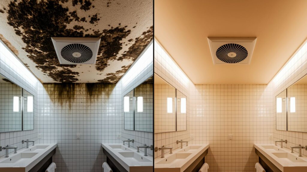 Hotel bathroom ceiling showing dramatic transformation from black mold to clean surface.