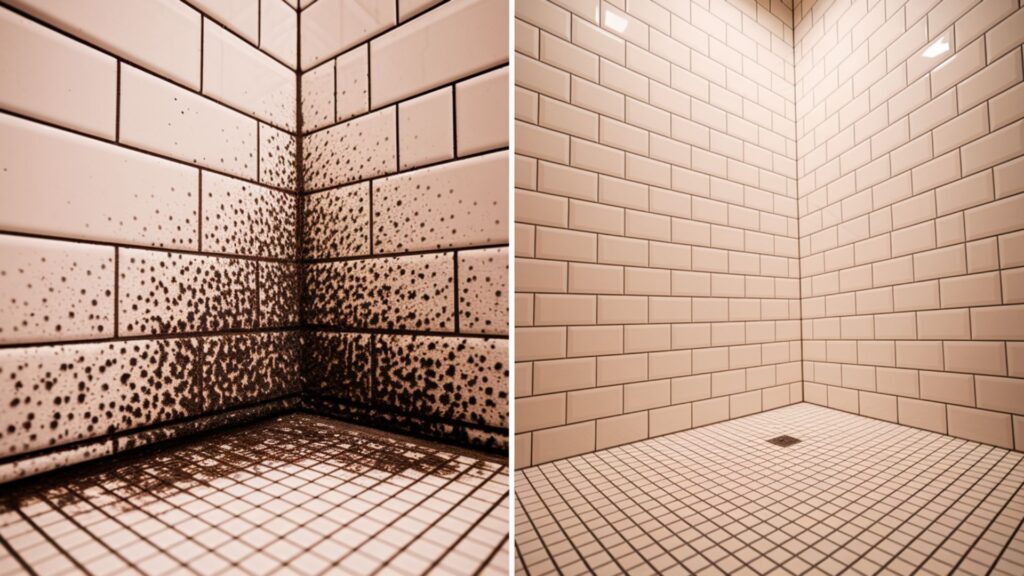 Hotel bathroom shower with mold-infected grout before and after professional testing and treatment.