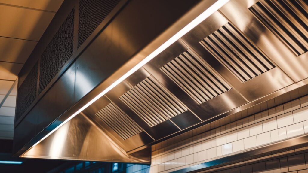 Commercial kitchen exhaust hood system after professional cleaning showing pristine surfaces.