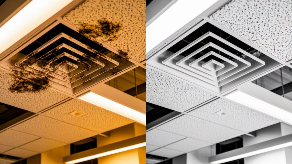 Commercial office air vent with mold contamination before and after professional cleaning.