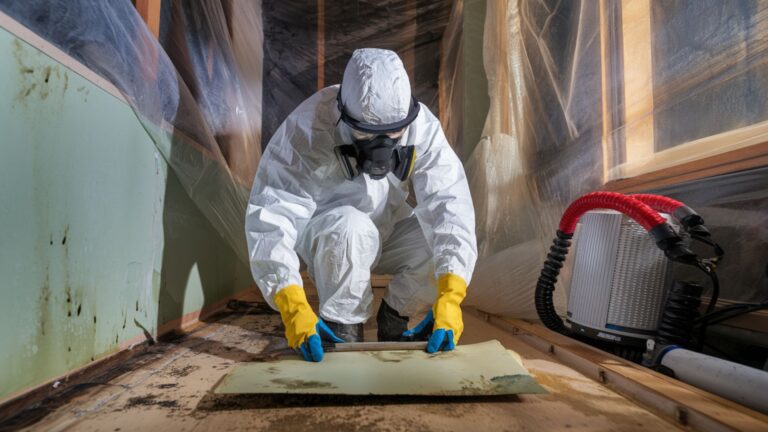Certified mold remediation specialist removing affected drywall in a containment area
