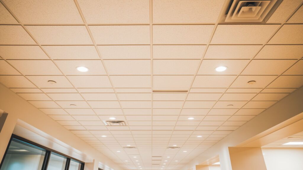 Commercial drop ceiling with newly installed clean tiles and sanitized grid system.
