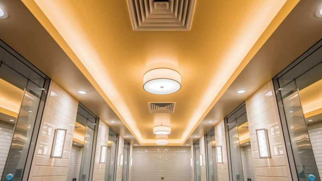 Perfectly restored commercial bathroom ceiling after comprehensive mold remediation process.