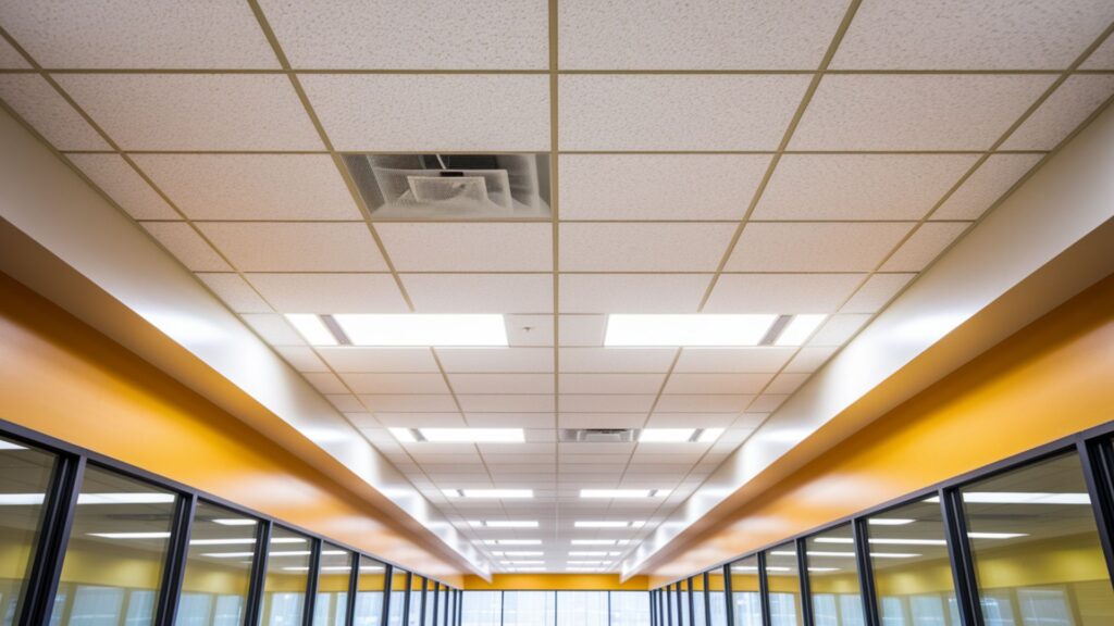 Perfectly restored office ceiling after complete removal of mold-damaged materials.