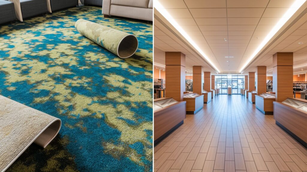 Commercial retail carpet with substantial mold growth transformed to clean flooring.