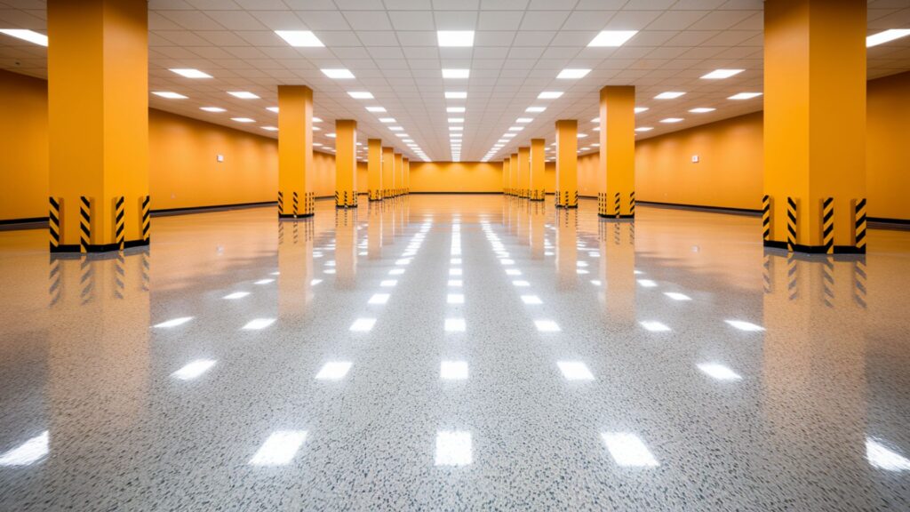 Commercial retail stockroom showing newly restored concrete floor after professional mold remediation.