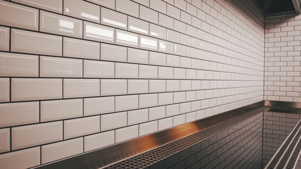 Restaurant kitchen wall with new tile installation after mold remediation completion.