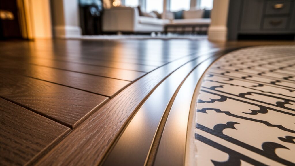 Close-up of precision-cut hardwood to tile floor transition between rooms.