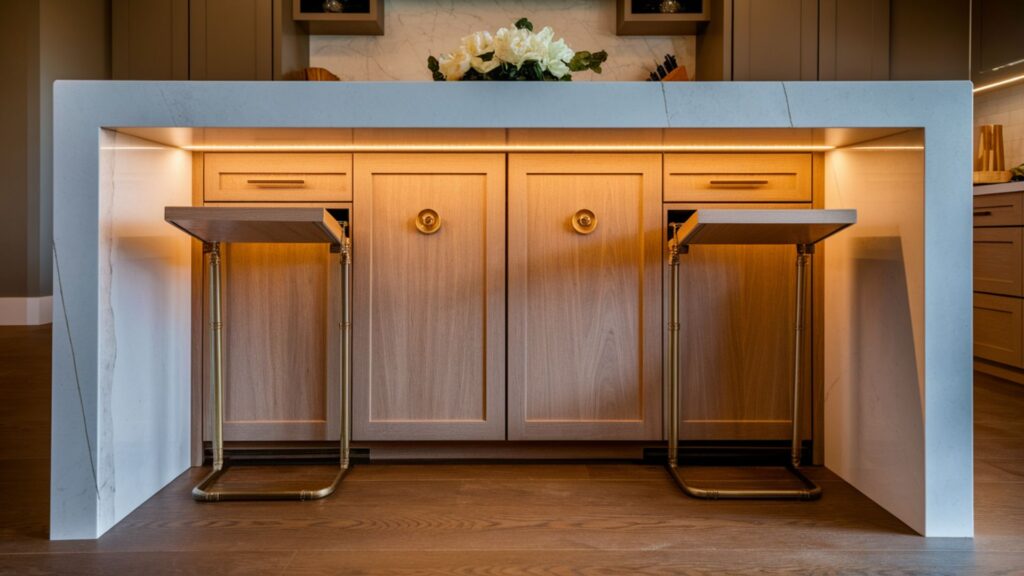 Custom-built kitchen island with quartz waterfall edge and specialized storage solutions.