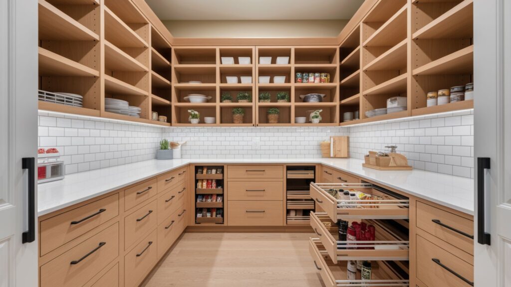 Custom-built kitchen pantry system with specialized storage solutions for maximum efficiency.