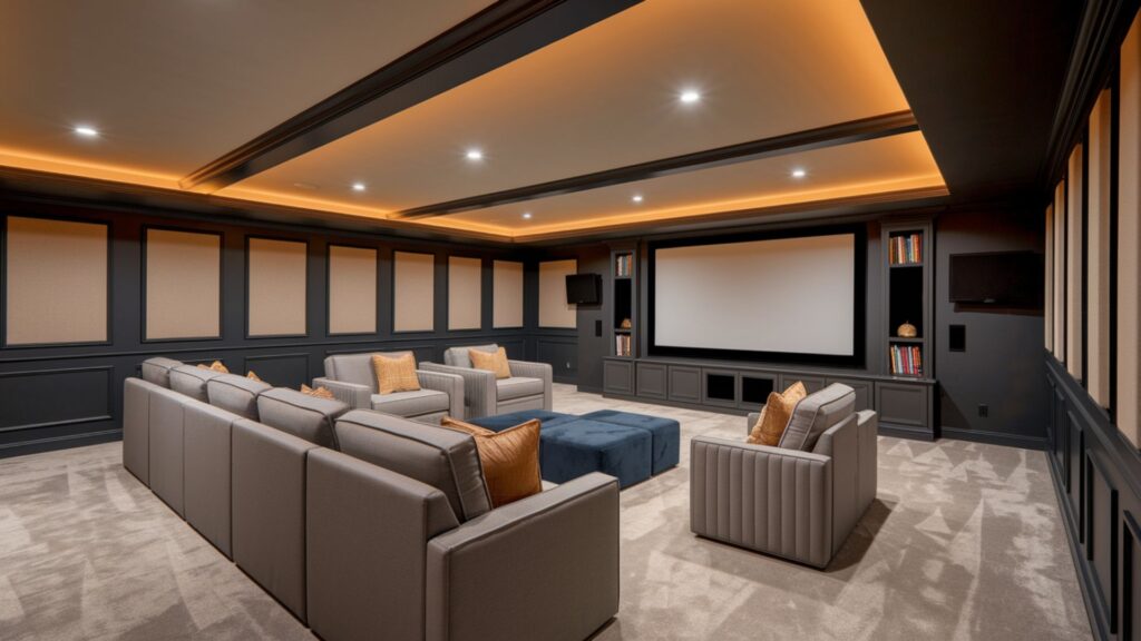 Custom-designed basement media room with specialized lighting, acoustics, and technology integration.