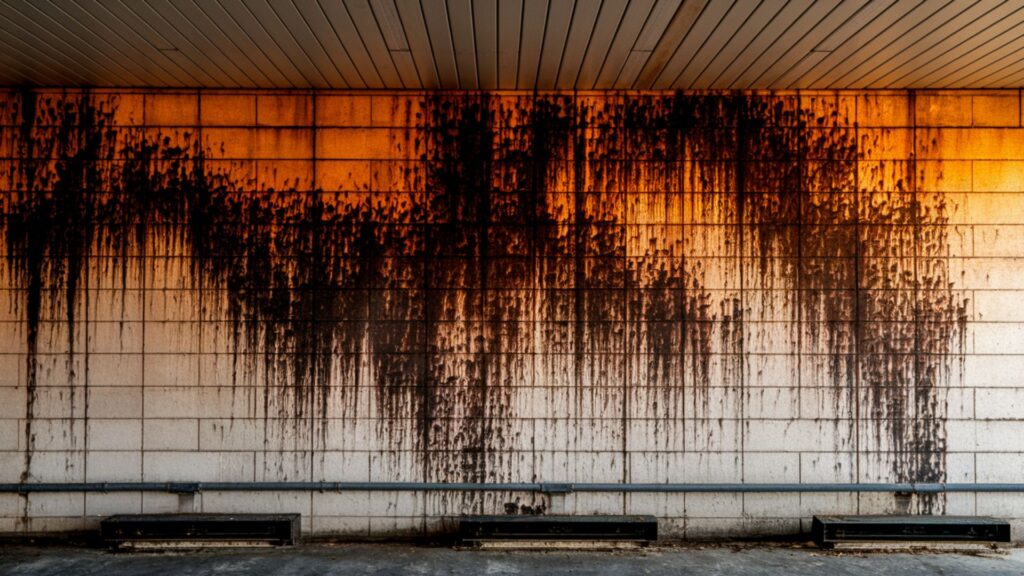 Grocery store loading dock showing extensive mold growth on concrete wall from recurring moisture.